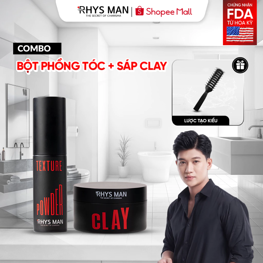 Combo - Bột phồng tóc 7g & Sáp vuốt tóc 3S Airy Texture Clay 90g Rhys Man