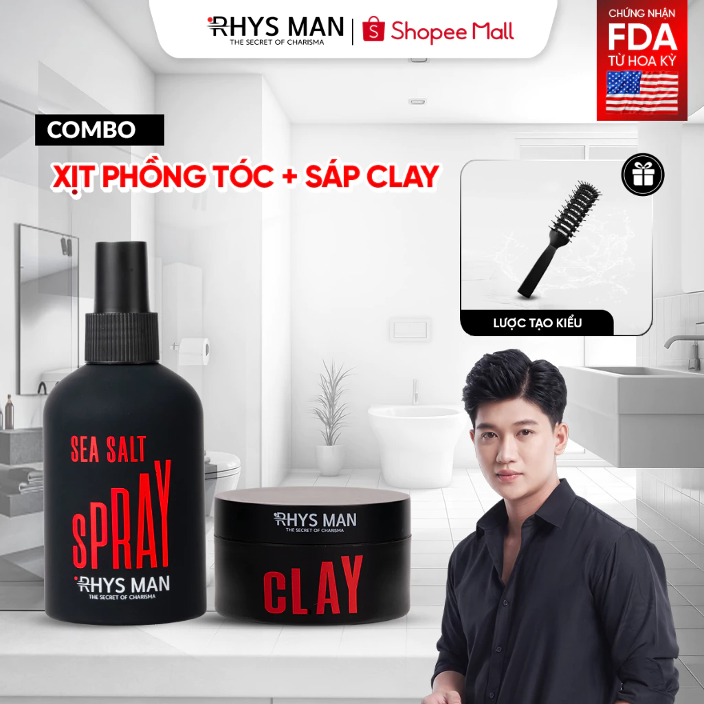 Combo - Xịt tạo phồng tóc 200ml & Sáp vuốt tóc 3S Airy Texture Clay 90g Rhys Man