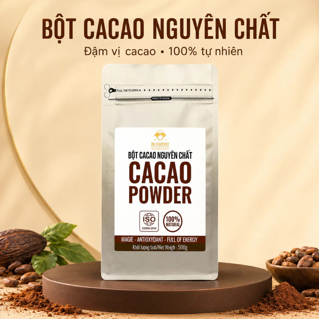 SVIP - Bột cacao nguyên chất DK HARVEST, Túi 100g, cacao bột vị đậm đà, kết cấu mịn màng, hàm lượng bơ cacao 11-13%