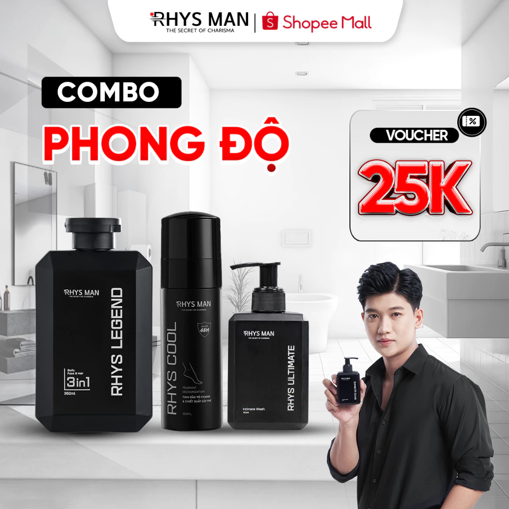 Combo Phong Độ - Sữa tắm gội nam 3in1 350g & Dung dịch vệ sinh 120ml & Xịt khử mùi chân 100ml RHYS MAN