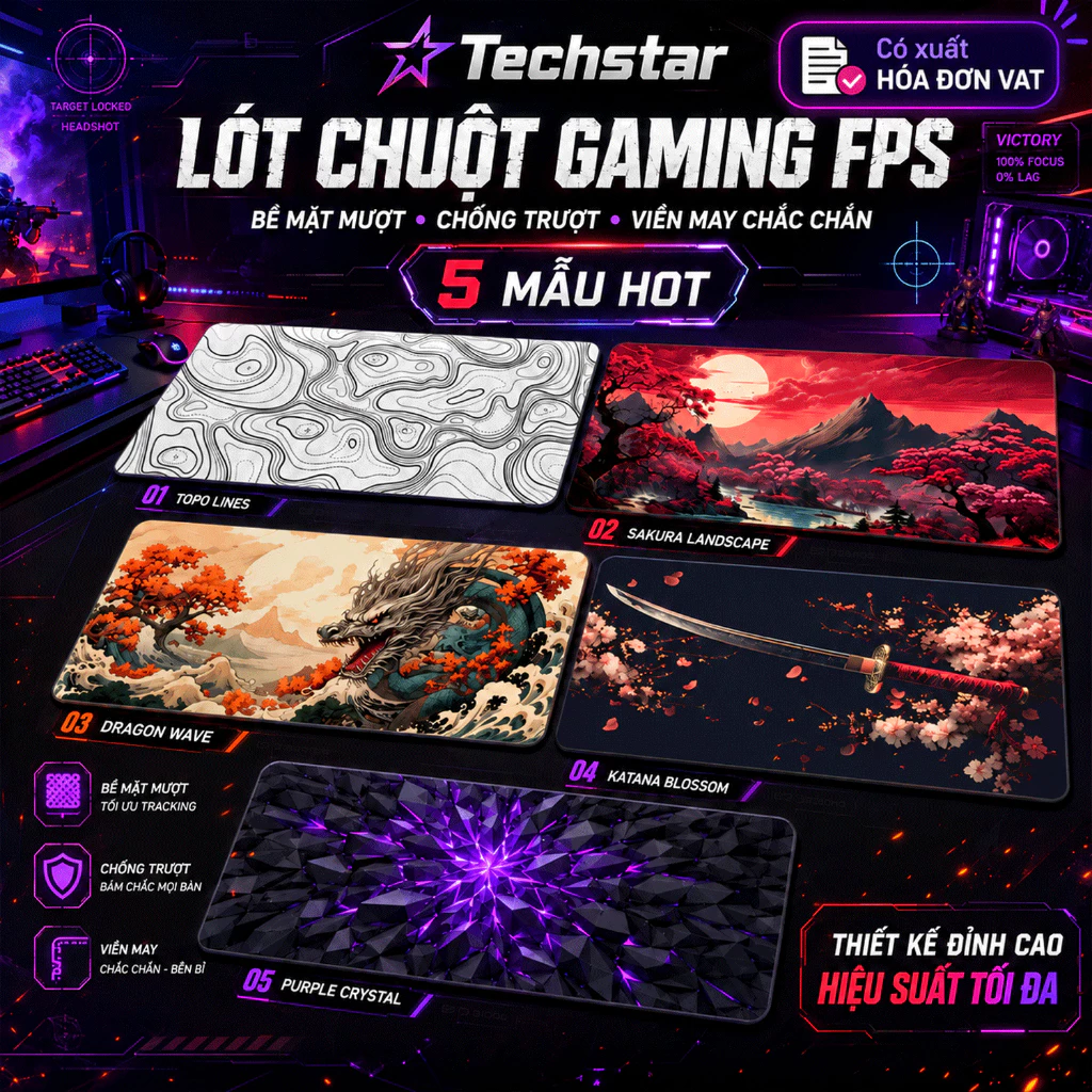 Lót chuột CỠ LỚN 80x30cm dày 3mm đa dạng mẫu mã, pad chuột gaming bo viền chống trơn trượt Techstar