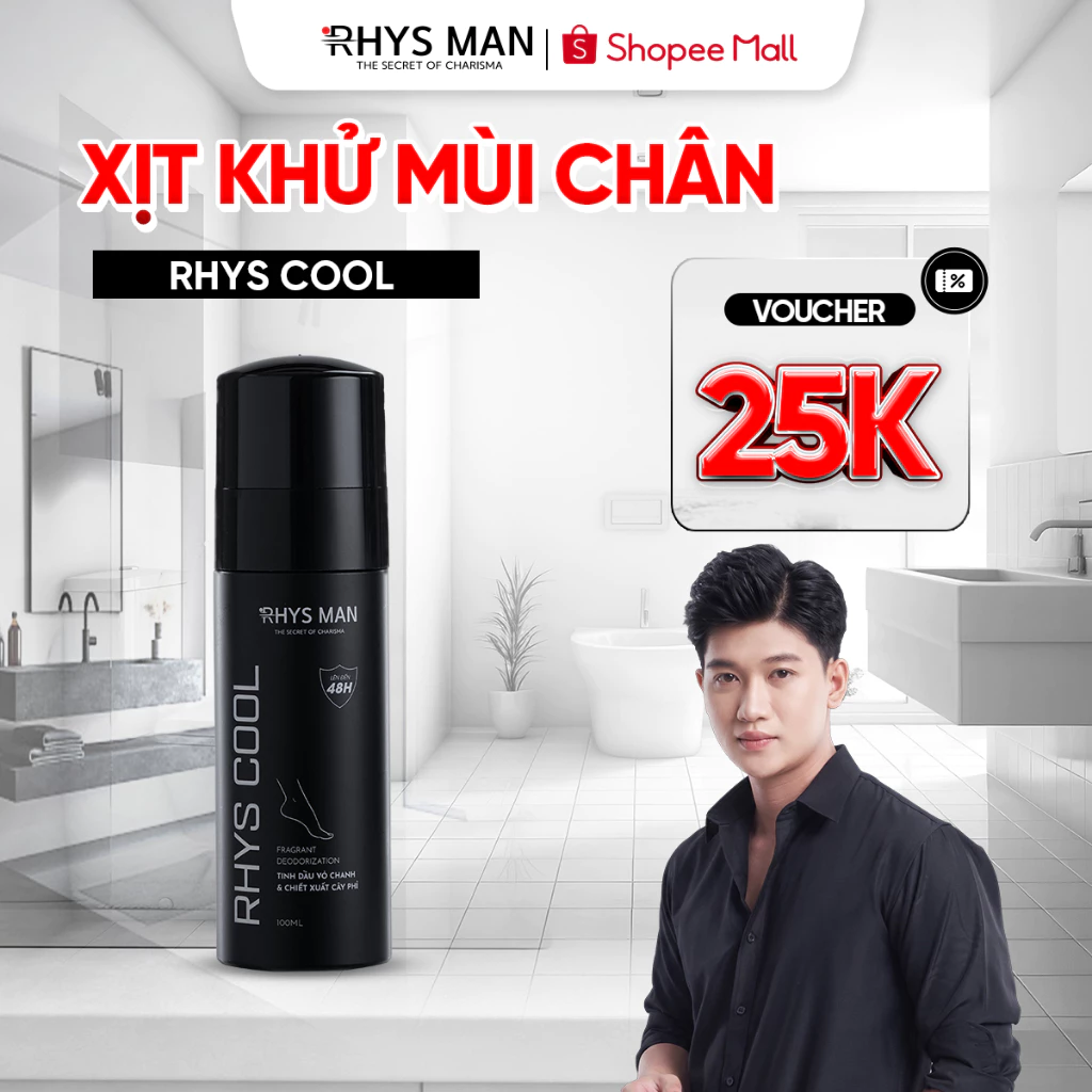 Xịt khử mùi chân 48h RHYS MAN tinh dầu vỏ chanh kiểm soát mùi và ngăn mồ hôi chân Rhys Cool 100ml