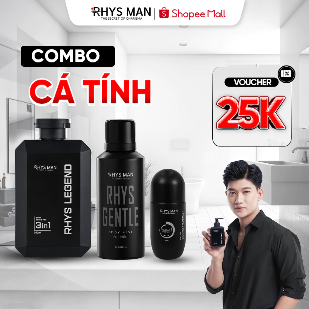 Combo Cá Tính - Sữa tắm gội nam 3in1 Rhys Noble 350ml & Body mist 120ml & Lăn khử mùi 50ml Rhys Man