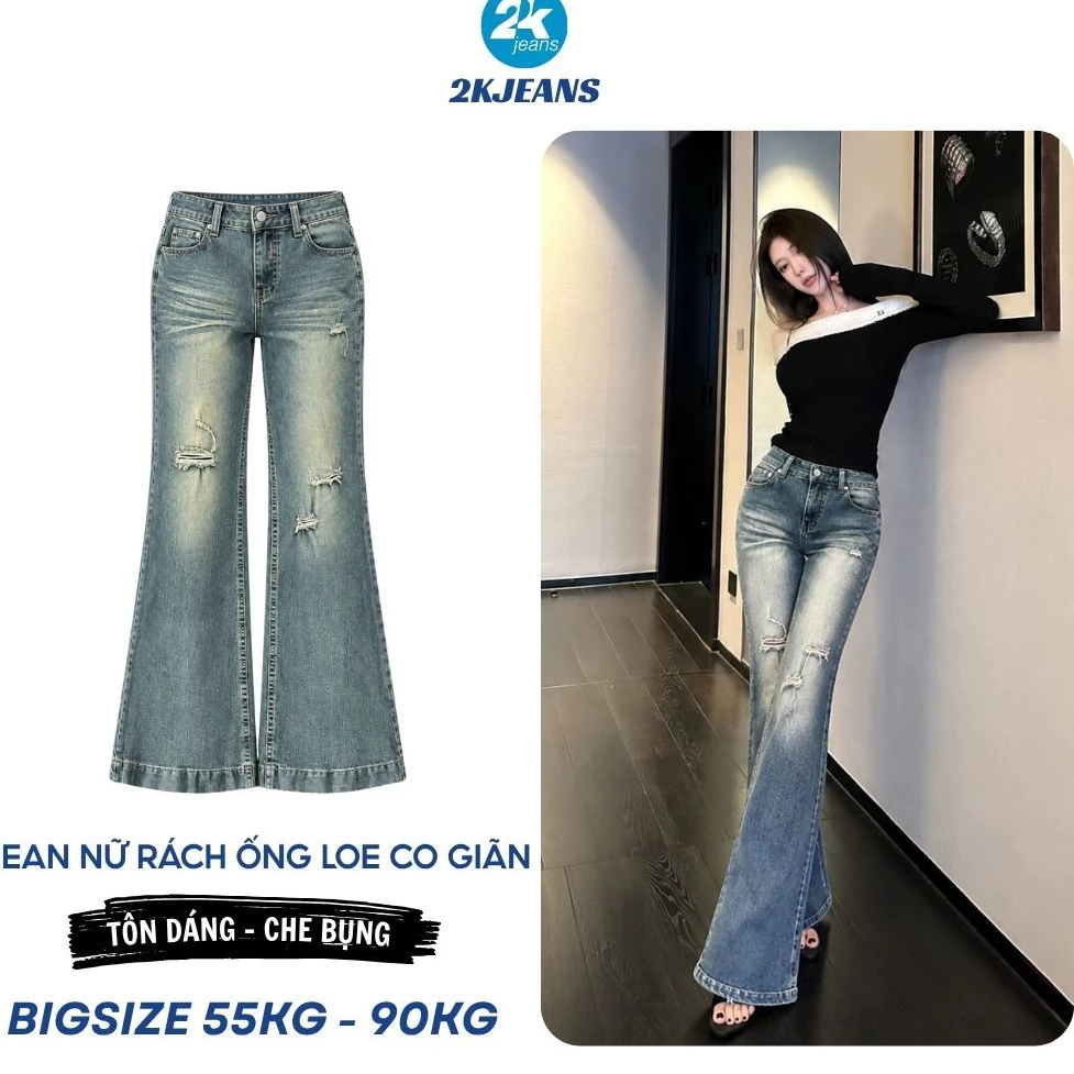 [DEAL SỐC] Quần Jean Nữ Ống Loe Co Giãn QC530 Bigsize 55-85kg, Cạp Cao Tôn Dáng, Rách Thời Trang 2KJEANS