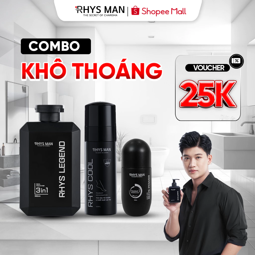 Combo Khô Thoáng - Sữa tắm gội nam 3in1 350g & Xịt khử mùi chân 100ml & Lăn khử mùi 50ml RHYS MAN