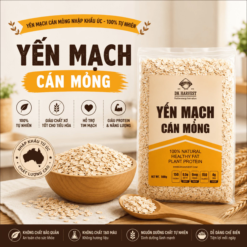 SVIP - Yến mạch cán mỏng DK Harvest, nhập khẩu Úc, yến mạch cán dẹt 0.9mm, ngâm qua đêm ăn sáng, eatclean thực dưỡng