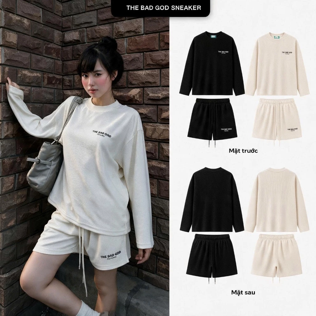Set Bộ Nữ The Bad God TK AURA Vải Tổ Ong Longtee Tay Dài Form Rộng Unisex Streetwear