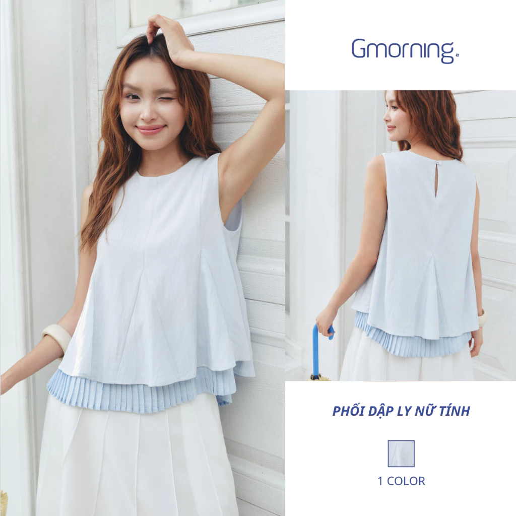 Áo Kiểu Nữ Gmorning YAG09146 Sát Nách Dáng Xòe - Áo Cổ Tròn Phối Lai Dập Ly Che Khuyết Điểm
