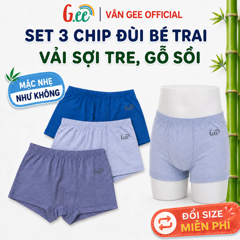 Hộp 3 chip đùi bé trai Gee loại chun  mềm mại cho bé mới lớn, chất liệu co dãn thấm hút mồ hôi.