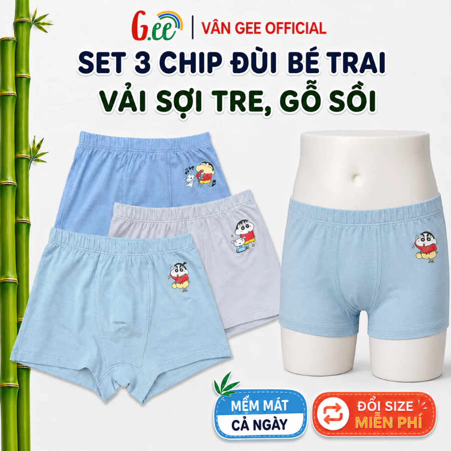 Set 3 chip đùi bé trai Gee chun nhỏ mềm mại, chất liệu sợi tre gỗ sồi mềm mát dễ chịu size 10-75kg