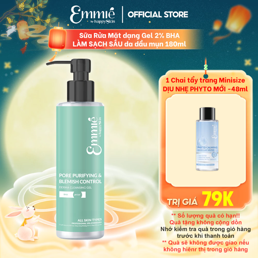 Sữa rửa mặt cho da dầu mụn Emmie 2% BHA Sạch Sâu Kiểm Soát Mụn Thông Thoáng Lỗ Chân Lông - Dạng Gel Dịu Nhẹ Chai 180ml