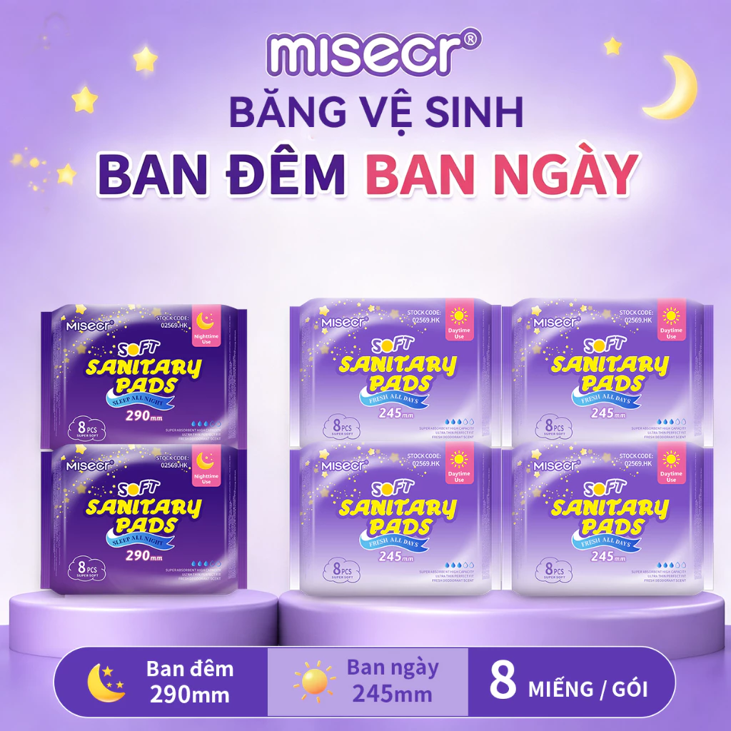 【Misecr】 Combo 6 gói băng vệ sinh tích hợp chip bạc hà mát lạnh – ban ngày & ban đêm (245mm/290mm), siêu mỏng,