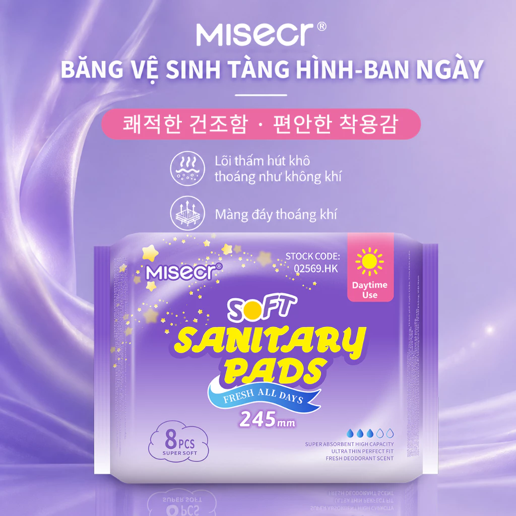 【MIisecr】MUA 4 TẶNG 2 băng vệ sinh ban ngày 245mm (8 miếng/gói), tích hợp chip bạc hà mát lạnh, mang lại cảm giác dễ ch