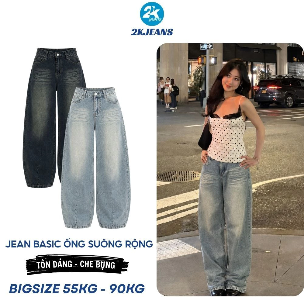 [DEAL SỐC] Quần Jean Nữ Bigsize Ống Rộng QC636 Xanh Đậm Bụi/Xanh Nhạt Bụi 2KJEANS