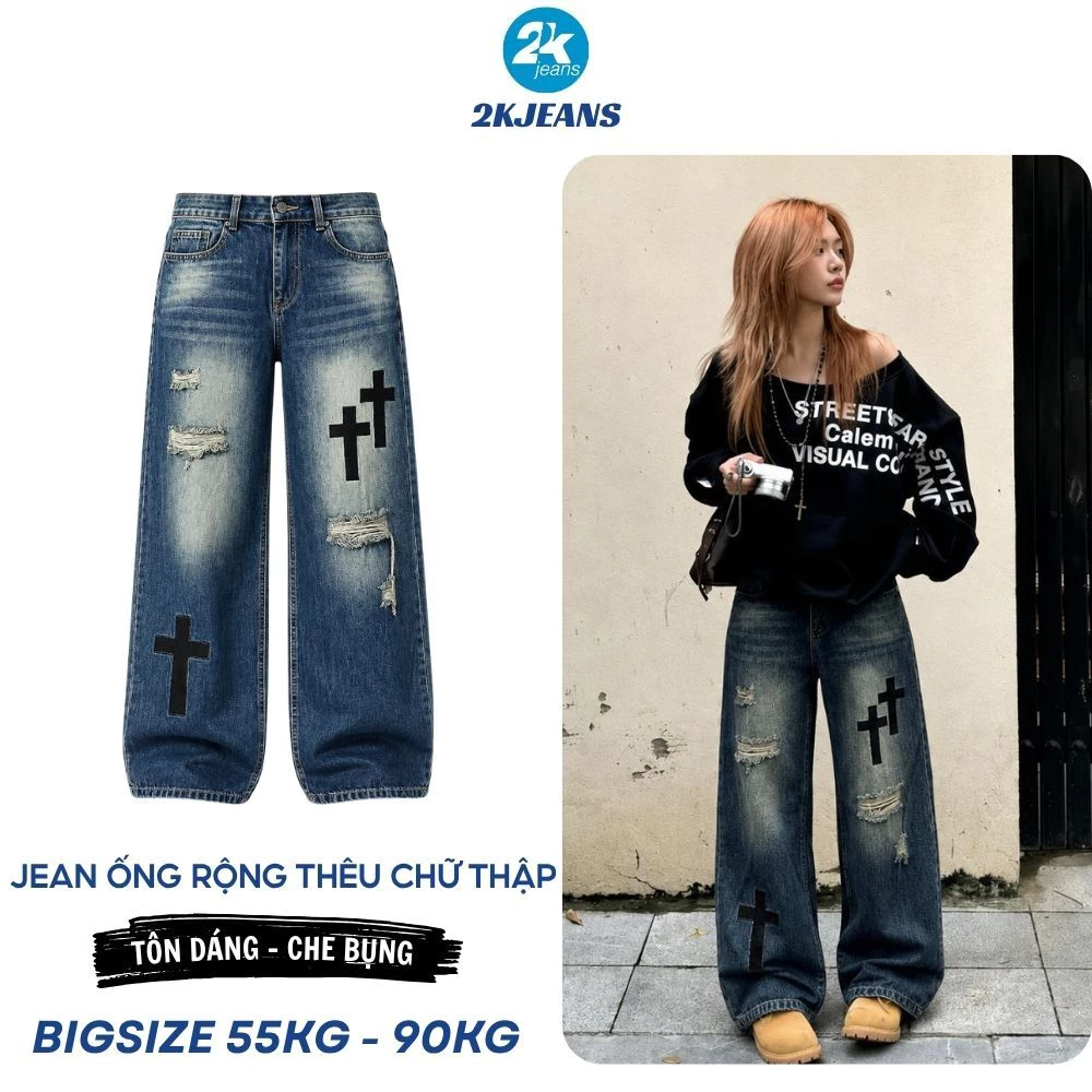 [DEAL SỐC] Quần Jean Nữ Ống Rộng Rách Thêu Chữ Thập QC639 QC640 Bigsize 55-85kg Màu Xanh Đậm Bụi 2KJEANS