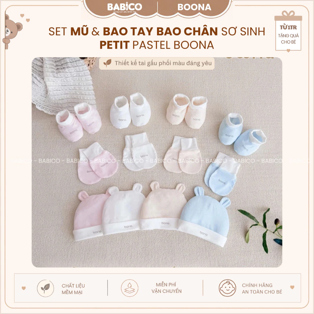 Set Mũ Tai Gấu Và Bao Tay Chân Phối Màu Hãng Boona Cho Bé Sơ Sinh Vải Petit Mềm Mại