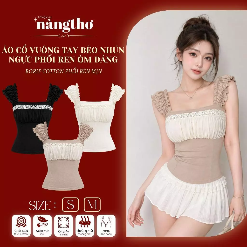 415 Áo Ôm Body Cổ Vuông Tay Bèo Nhún Ngực Chất Borip Cotton Phối Lưới Mịn