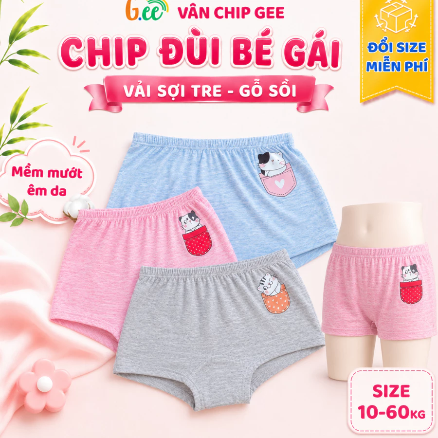 Set 3 chip đùi bé gái Gee vải sợi tre, gỗ sồi mềm mát kháng khuẩn, chun mềm mại co dãn size 10-60kg