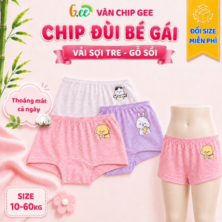 Set 3 quần lót bé gái Gee, vải sợi tre gỗ sồi mềm mại thoáng mát cho bé mới tập mặc 10-60kg.