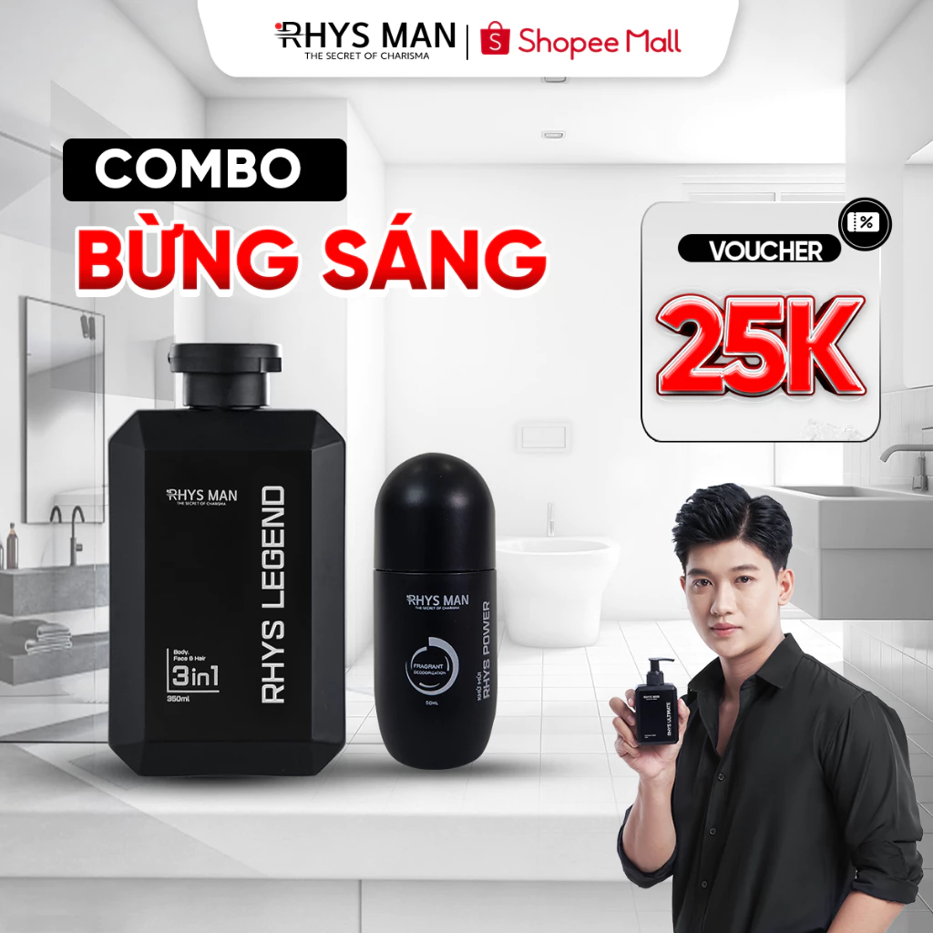 Combo Bừng Sáng - Sữa tắm gội nam 3in1 Rhys Noble 350ml & Lăn khử mùi 50ml Rhys Man