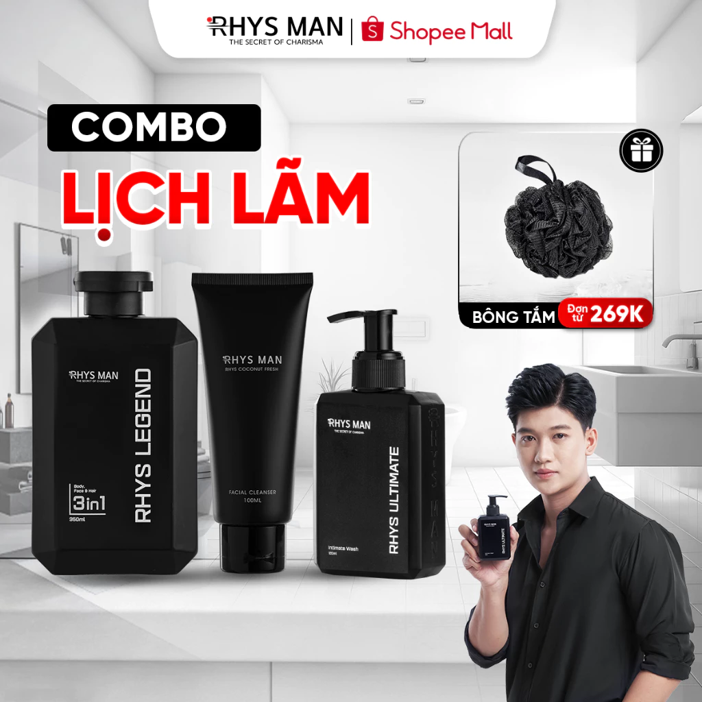 Bộ Quà Tặng Nam - Sữa tắm gội nam 350 ml & Sữa rửa mặt nam 100ml & Dung dịch vệ sinh 120ml RHYS MAN