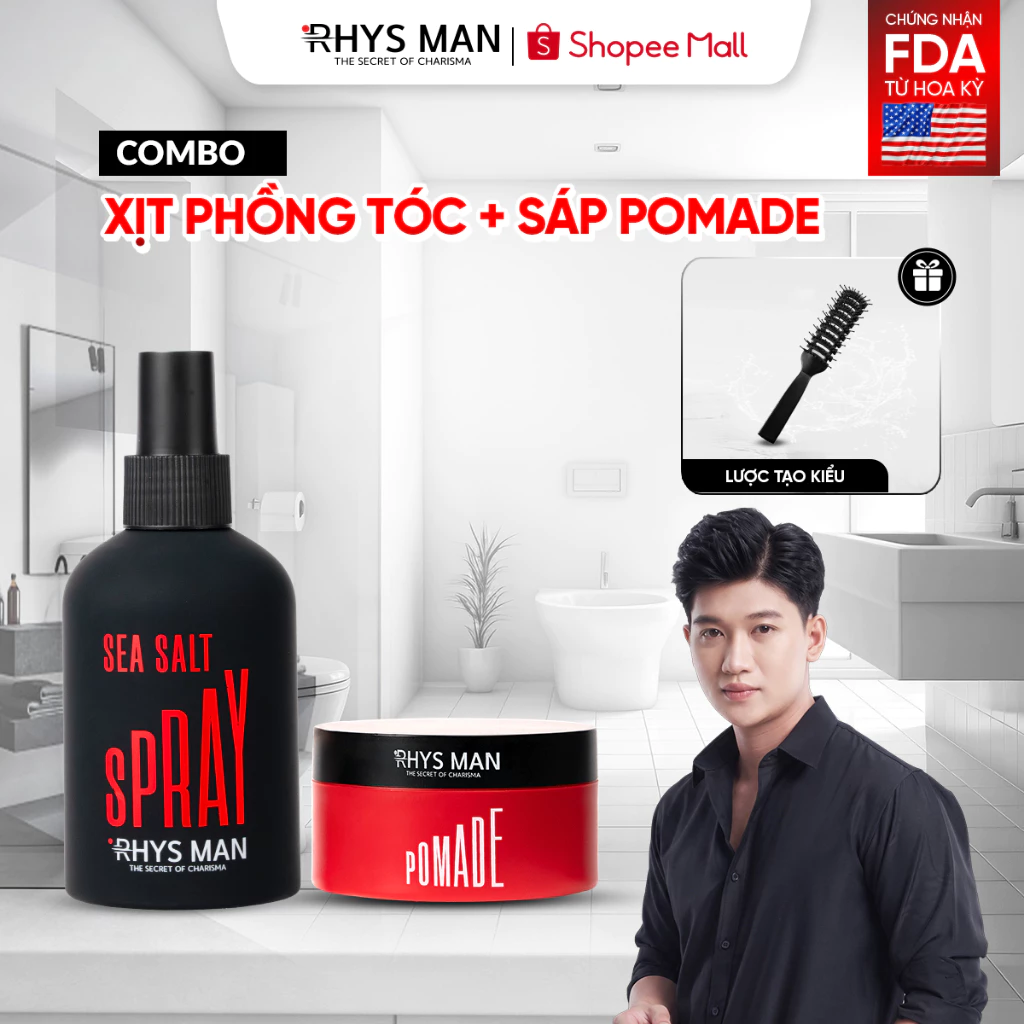 Combo - Xịt tạo phồng tóc 200ml & Sáp vuốt tóc Pomade 90g Rhys Man