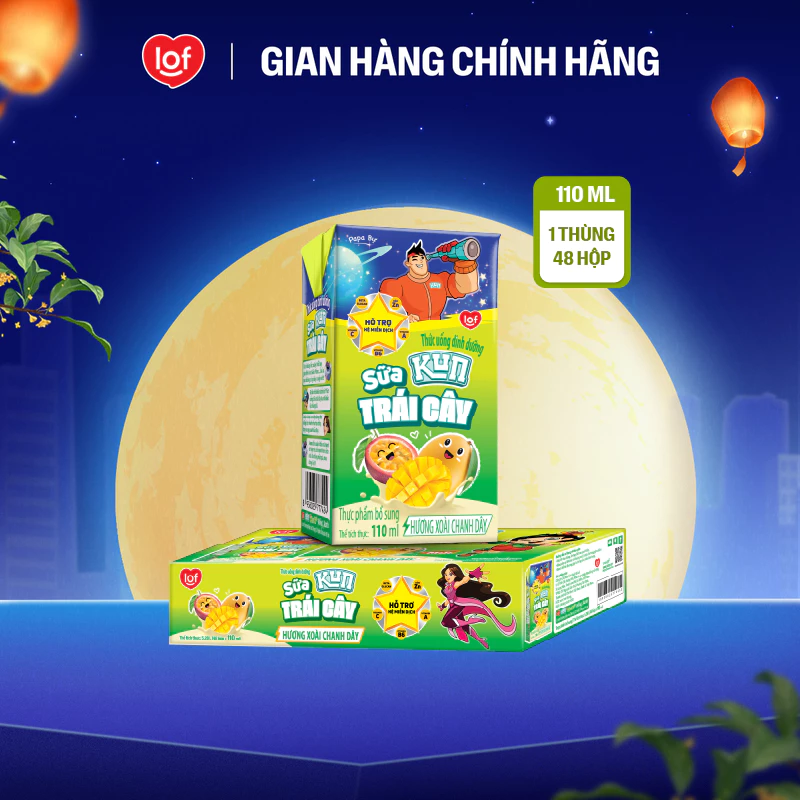 Sữa trái cây Kun hương xoài chanh dây thùng 48 hộp x 110ml