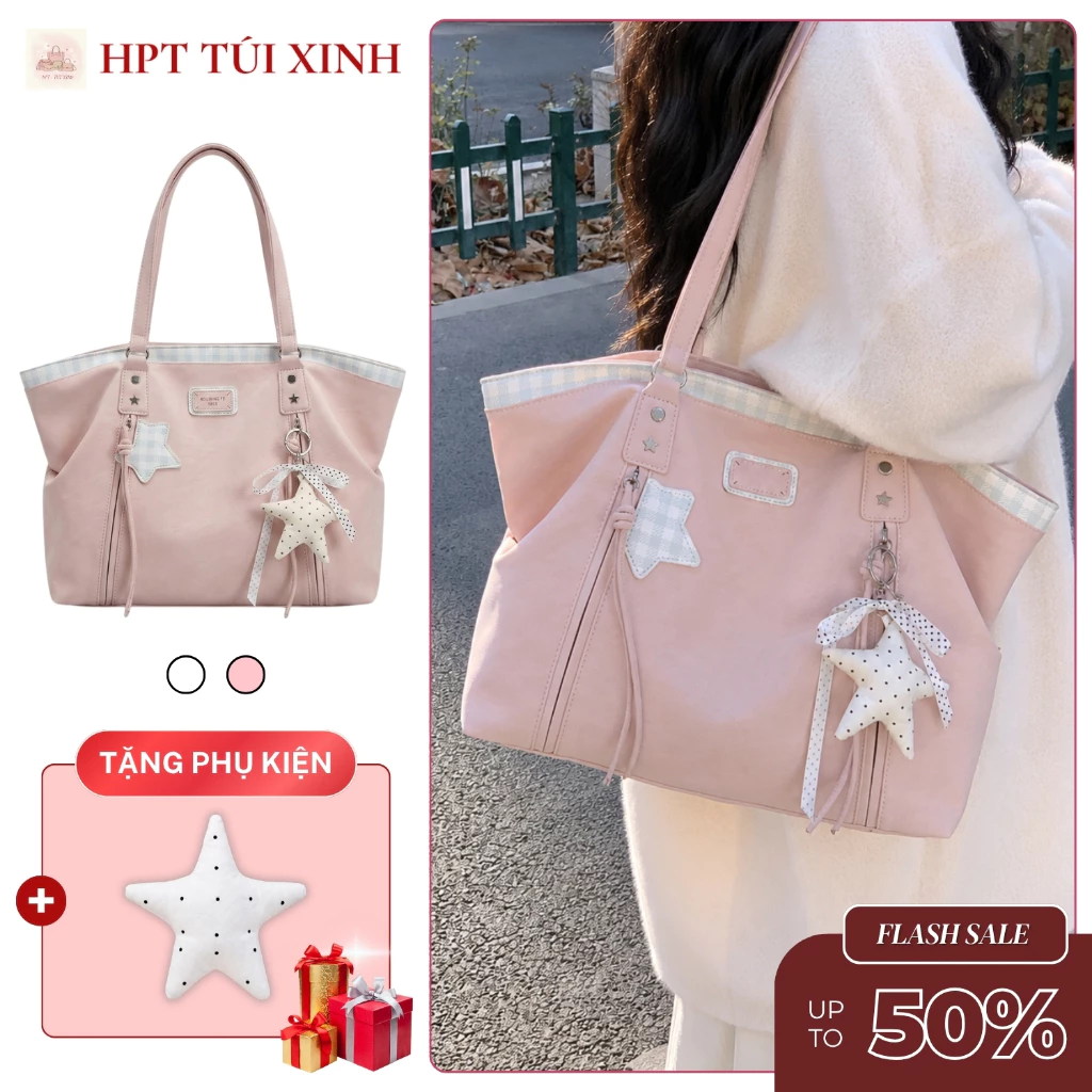 𝐂𝐓𝟎𝟐𝟕 - Túi tote nữ đeo vai da pu phối kẻ caro tặng charm cute, túi xách nữ màu pastel đựng a4 laptop đi học đi làm