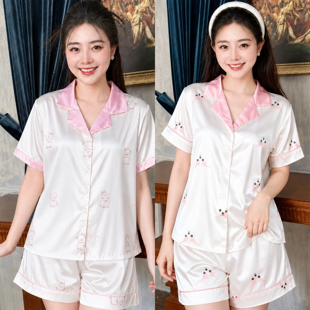 Bộ pyjama cộc tay, quần cộc chất liệu lụa xước cao cấp, họa tiết dễ thương B27