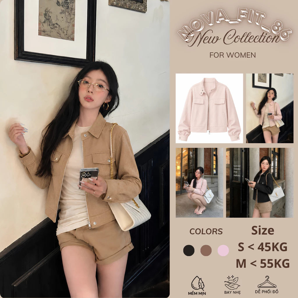 Áo Khoác Nữ Da Lộn Dáng Ngắn Cổ Đứng Khóa Kéo 2 Túi Hộp Phong Cách Hàn Quốc