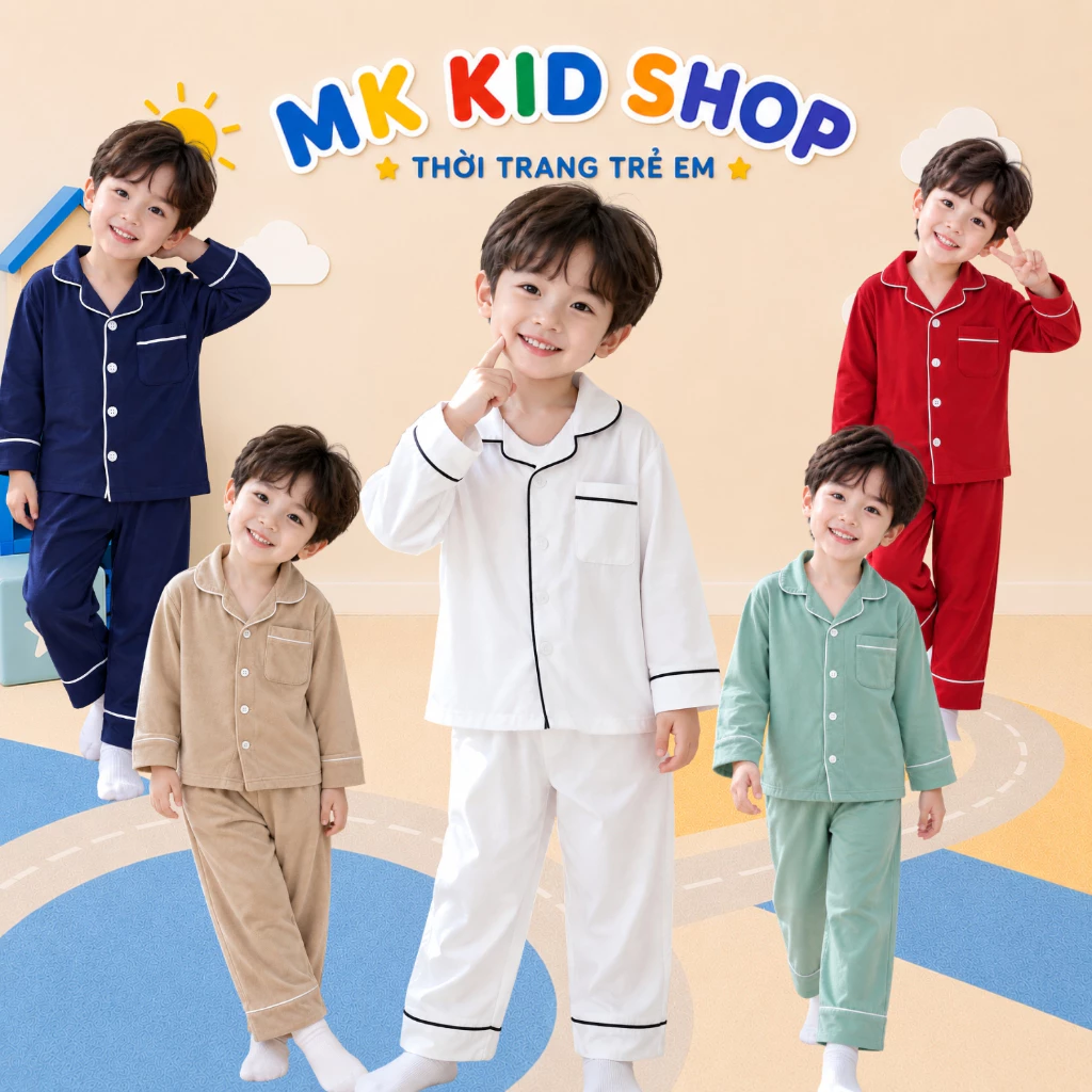 Bộ Pijama Dài Tay MK KID Phong Cách Hàn Quốc Cho Bé Trai Bé Gái 9-26KG Bộ Đồ Ngủ Thun Lạnh Nút Cài