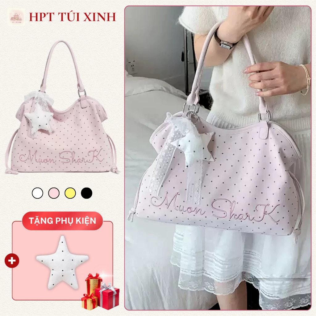 𝐂𝐓𝟎𝟎𝟒 - Túi tote nữ đeo vai chấm bi thêu chữ moonshark tặng charm siêu xinh, túi xách nữ pastel hàn quốc đựng a4 laptop