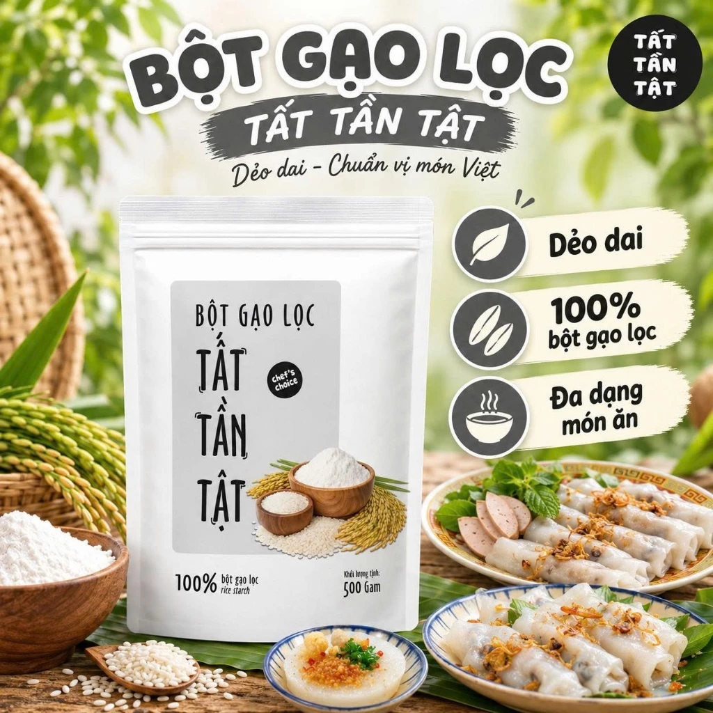 Bột gạo lọc TẤT TẦN TẬT - Bột gạo nguyên chất 500g làm bánh cuốn, bánh đúc và món truyền thống