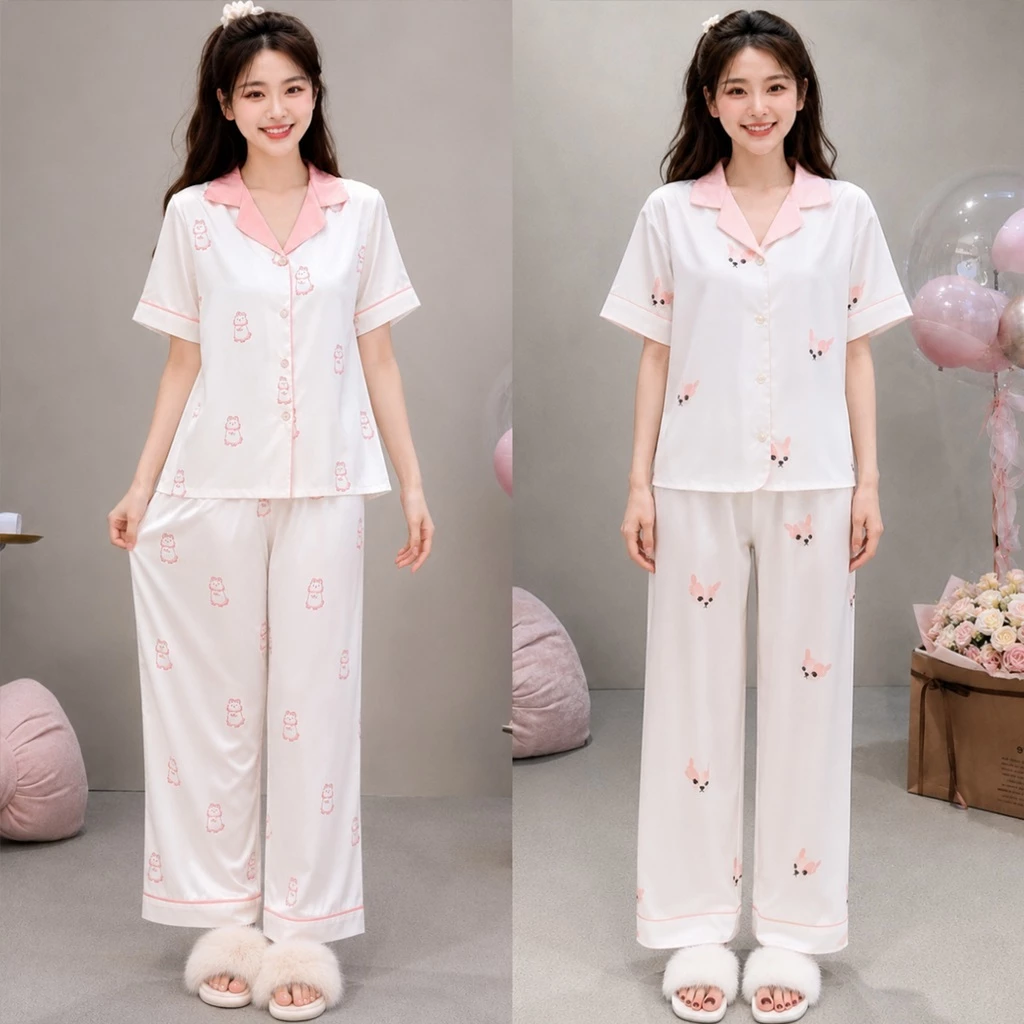 Bộ pyjama cộc tay, quần dài chất liệu lụa xước cao cấp, họa tiết dễ thương B27