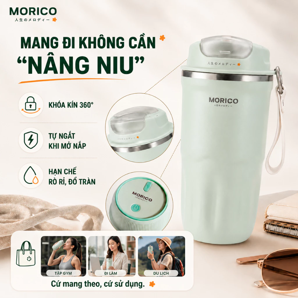 Cốc Giữ Nhiệt MORICO MTM522 2IN1 | Cốc Xay Mini Inox 316 Cao Cấp, 12 Lưỡi Dao 3D Xay Nhuyễn Mịn,Cốc Giữ Nóng Lạnh 500ml