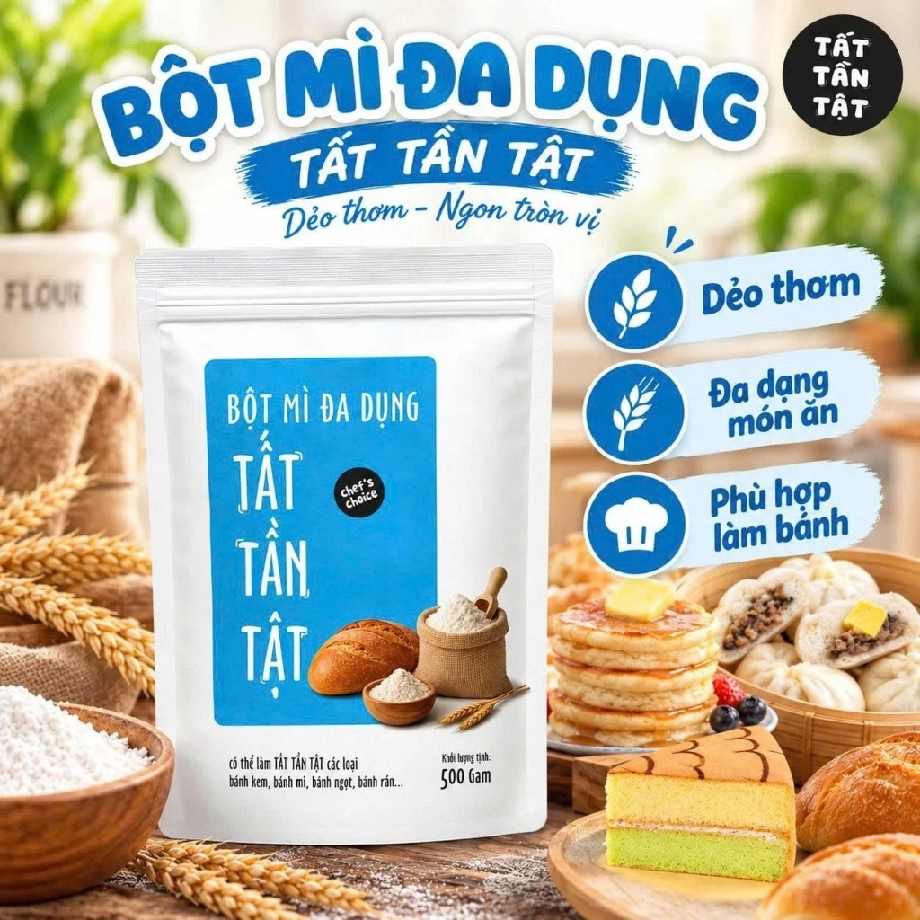 Bột mì đa dụng TẤT TẦN TẬT (9-10% protein) - Bột mì gói 500g làm bánh quy, bánh bao, pancake và món chiên tiện lợi
