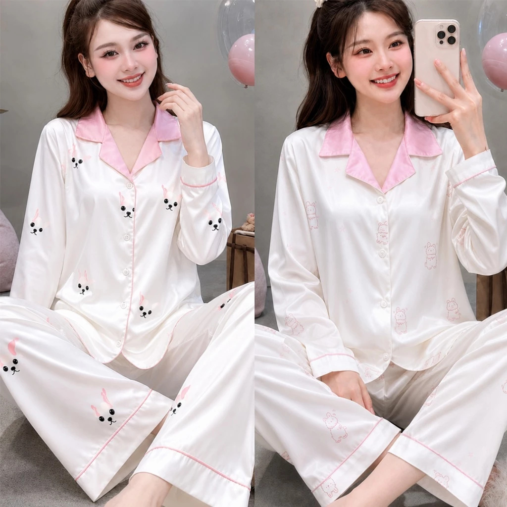 Bộ pyjama dài tay, quần dài chất liệu lụa xước cao cấp, họa tiết dễ thương B27