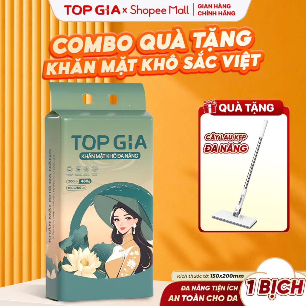 [COMBO QUÀ TẶNG] Combo 1 Bịch Khăn Mặt Khô Sắc Việt TopGia 200 Tờ Tặng 1 Cây Kẹp Lau Sàn