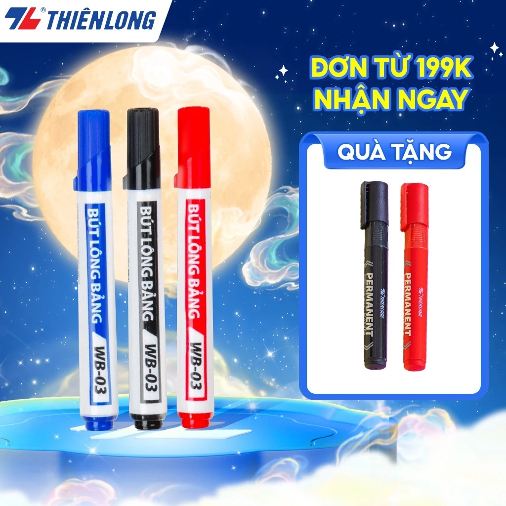 Hộp 10 Bút lông bảng WB-03 Thiên Long - Bút viết bảng trắng, đầu bút marker êm trơn, mực dễ xóa sạch, không hại da tay