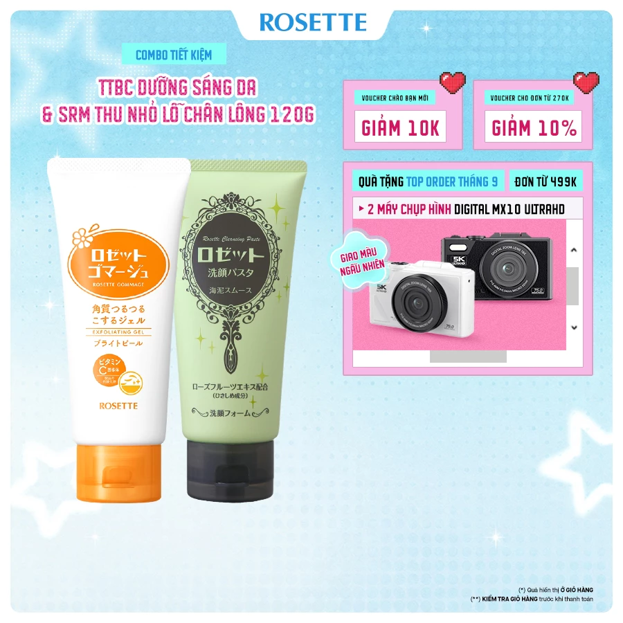 Combo Tẩy Tế Bào Chết Dành Rosette Dưỡng Sáng Da 120G Và Sữa Rửa Mặt Rosette Thu Nhỏ Lỗ Chân Lông 120g