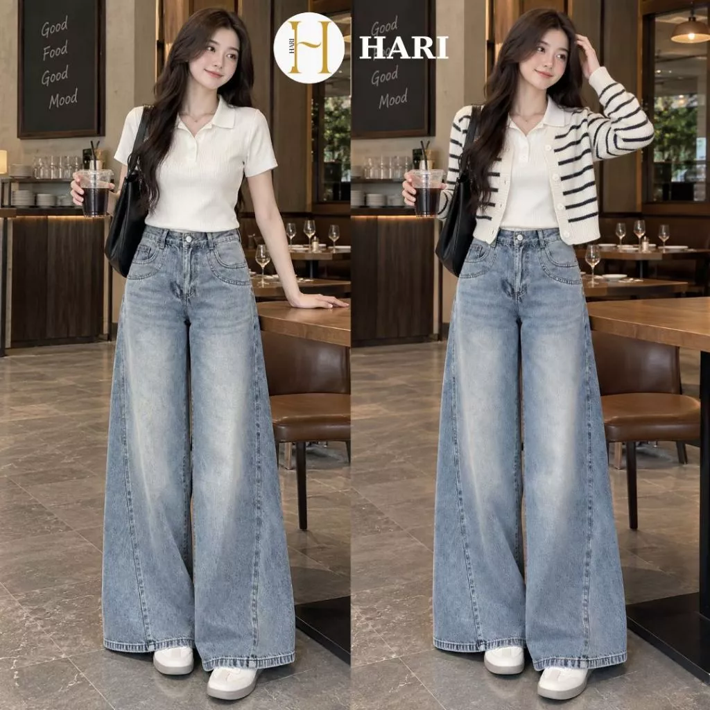Quần Jean Nữ Ống Rộng Cạp Cao Form Suông Dài Màu Wash Xanh Nhạt Phong Cách Vintage 098 Hari