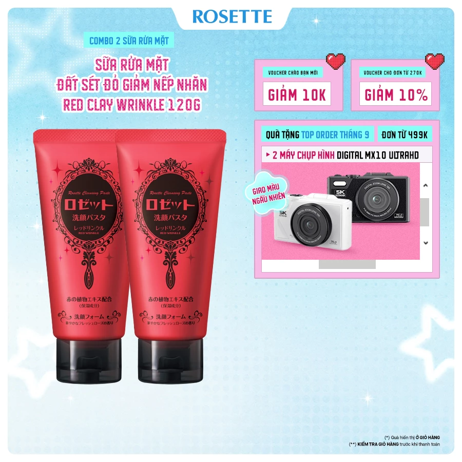 (1/2027) Combo 2 Sữa Rửa Mặt Rosette Đất Sét Đỏ Giảm Nếp Nhăn Face Wash Pasta Red Clay Wrinkle 120G x 2