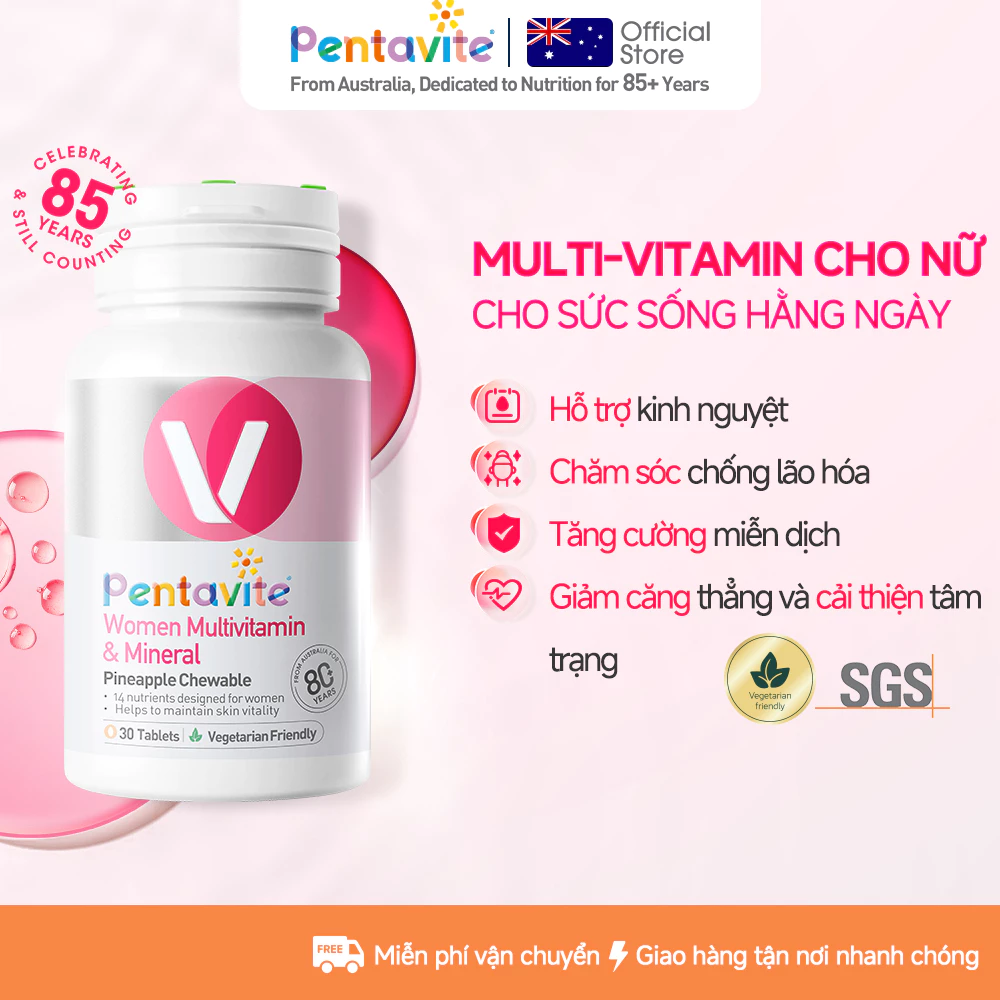 Pentavite Vitamin Women Multivitamin dạng nhai, thiết kế riêng cho nữ, chứa 14 dưỡng chất, giúp duy trì sức sống cho da