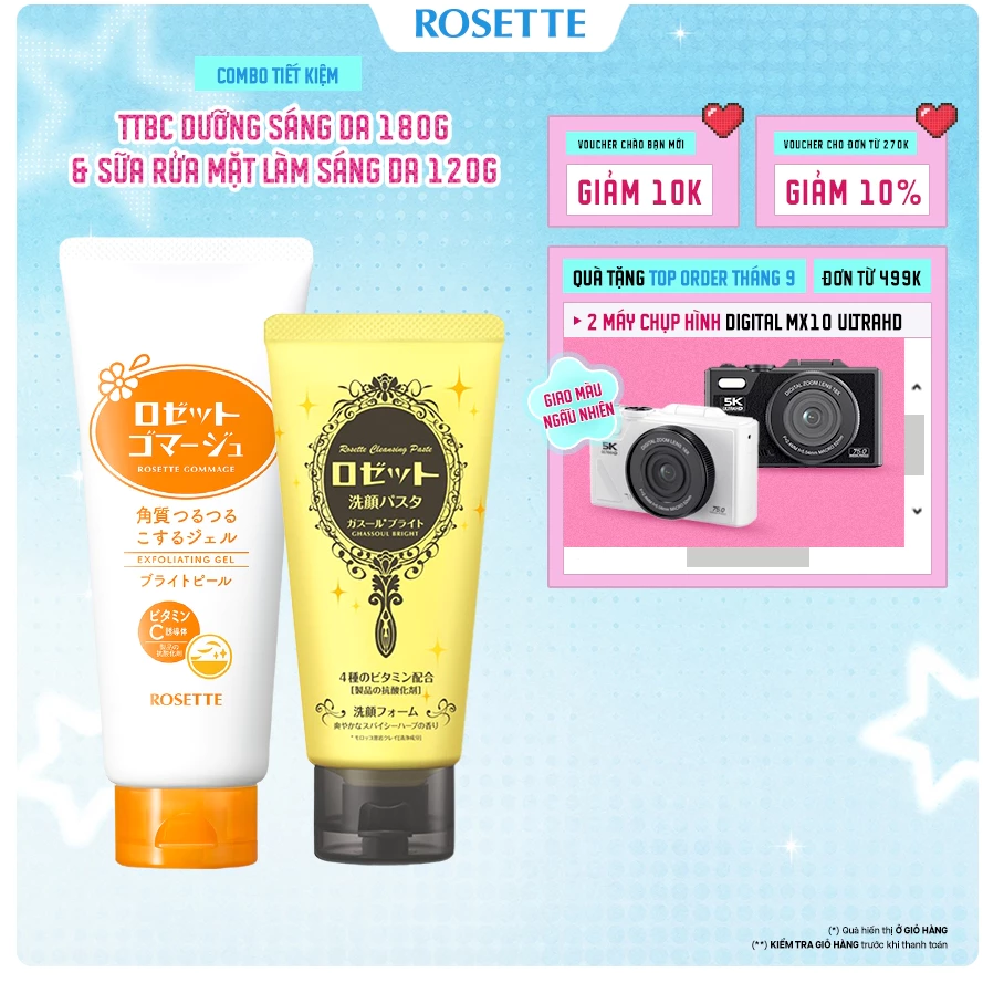 Bộ Sữa Rửa Mặt Rosette Làm Sáng Da  120g và Tẩy Tế Bào Chết Rosette Dưỡng Sáng Da Gommage Bright Peel 180G