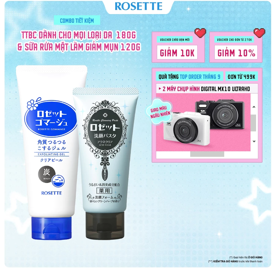 Bộ Sữa Rửa Mặt Làm Rosette Giảm Mụn 120g và Tẩy Tế Bào Chết Rosette Thu Nhỏ Lỗ Chân Lông Gommage Clear Peel CW 180G
