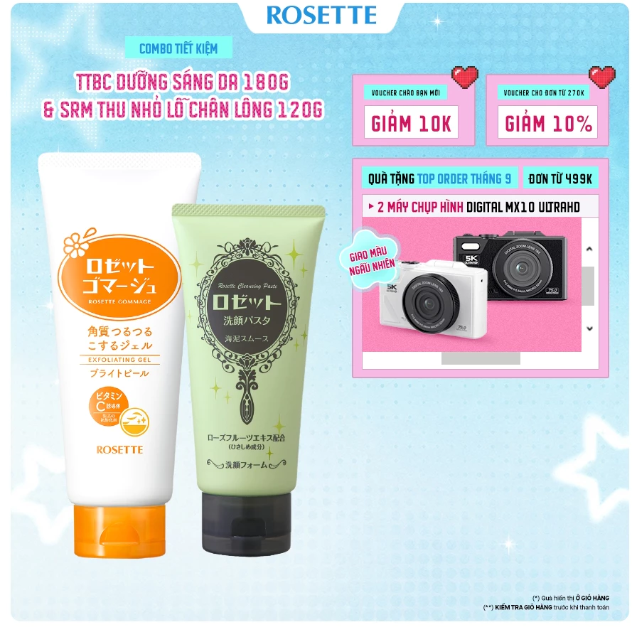 Bộ Sữa Rửa Mặt Rosette Thu Nhỏ Lỗ Chân Lông Pasta Sea Clay Smooth 120g và Tẩy Tế Bào Chết Rosette Dưỡng Sáng Da 180g