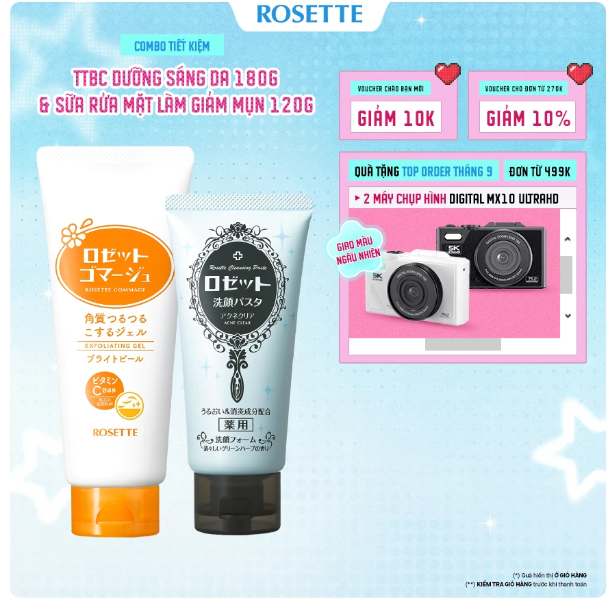 Bộ Sữa Rửa Mặt Rosette Làm Giảm Mụn Pasta Acne Clear 120g và Tẩy Tế Bào Chết Rosette Dưỡng Sáng Da 180g