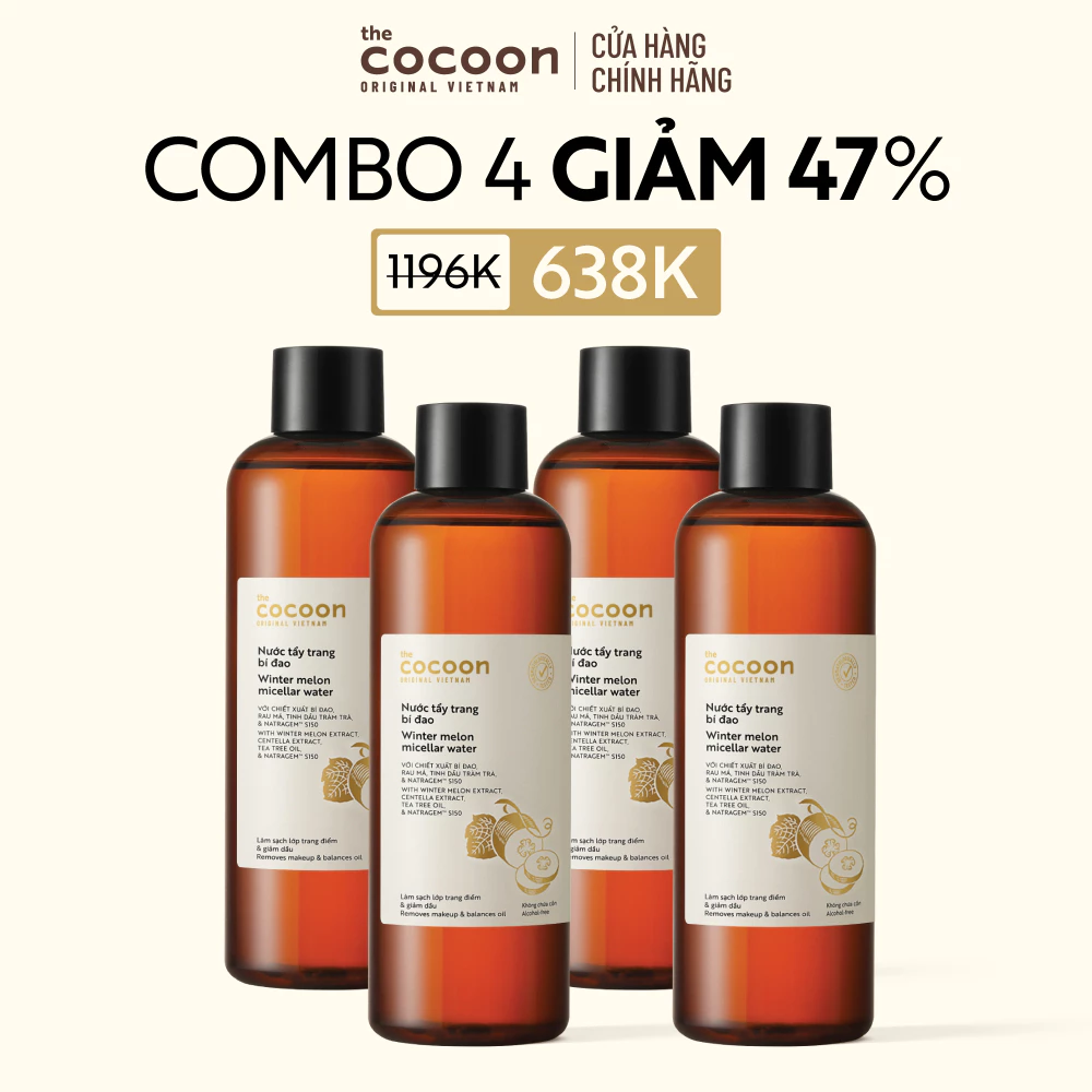 Combo 4 Bigsize - Nước tẩy trang bí đao Cocoon tẩy sạch makeup & giảm dầu 500ml