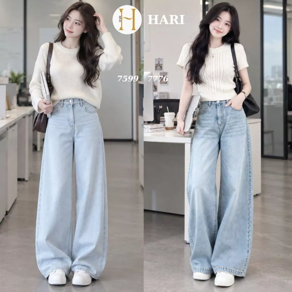 Quần Jean Nữ Hari Ống Rộng Suông Cạp Cao Màu Wash Retro Tôn Dáng Quần Bò Dễ Phối Đồ Đi Học Đi Làm