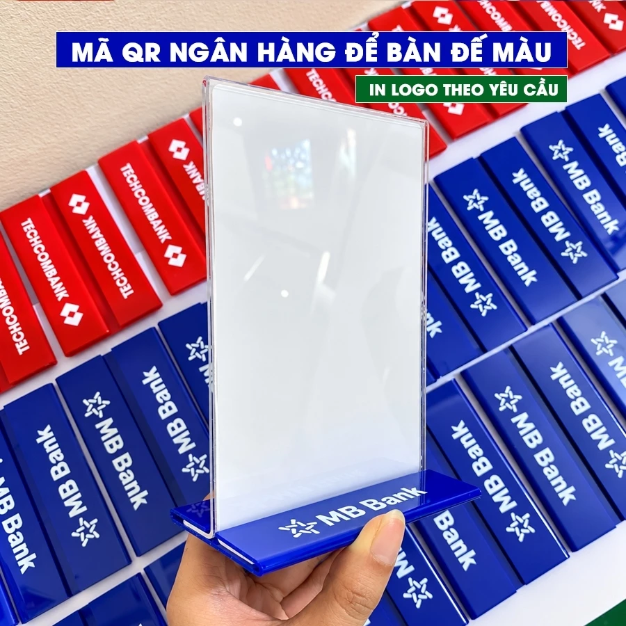 (Có hoá đơn VAT) Mã QR ngân hàng để bàn, Bảng mica A6 đế nhiều màu - In logo ngân hàng theo yêu cầu